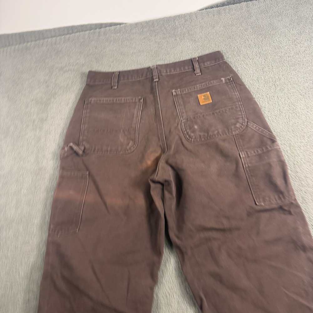 Carhartt Loose Fit Carpenter Pants Brown Canvas Distressed Raw Hem 31x21.5